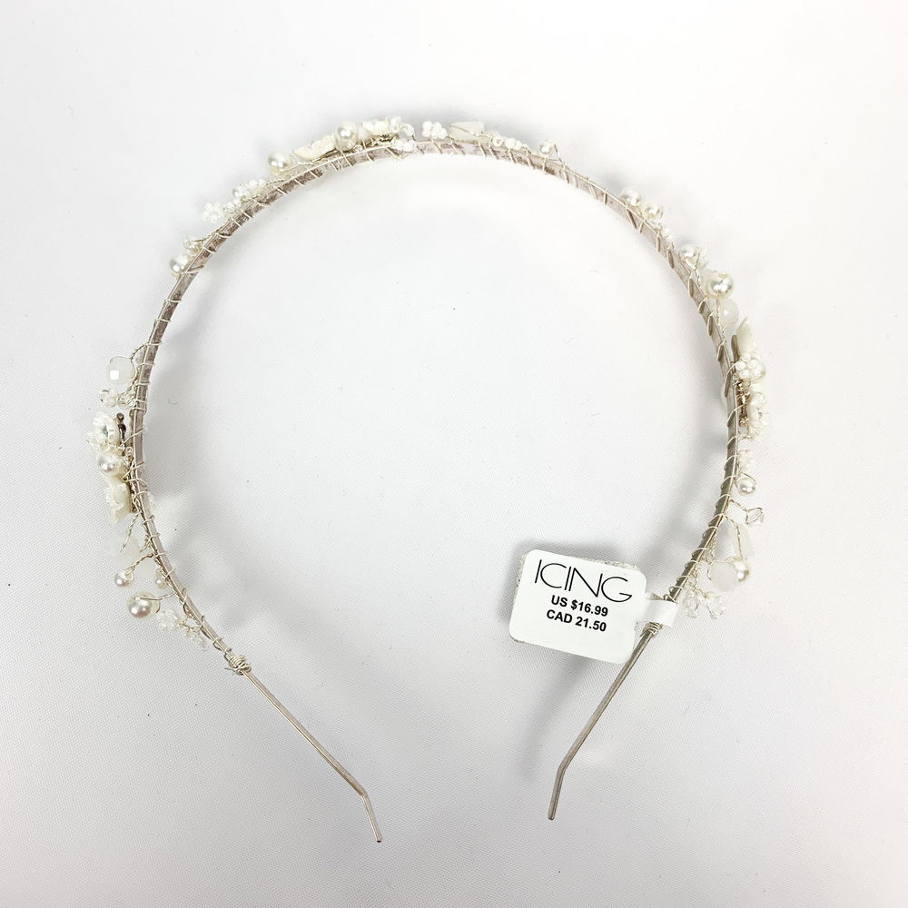 NWT Silver Headband with Beading, Flowers, and Pearls